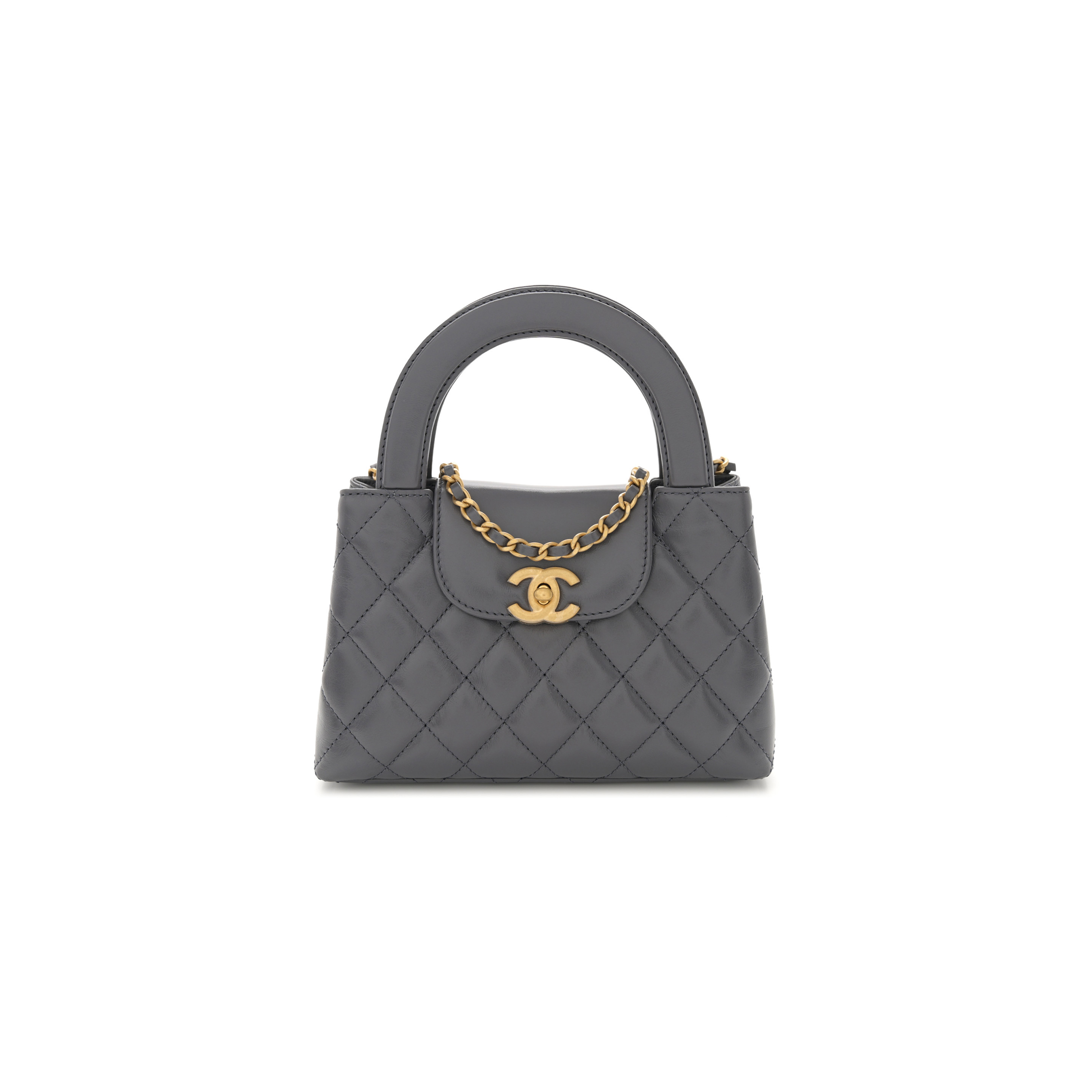 Ch*el master kelly bag quilted grey shiny calfskin aged gold hardware (19*13*7cm)